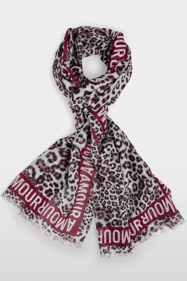 Foulard imprimé léopard en coton et soie avec franges, rayures et inscription Amour, 200 cm x 70 cm.
