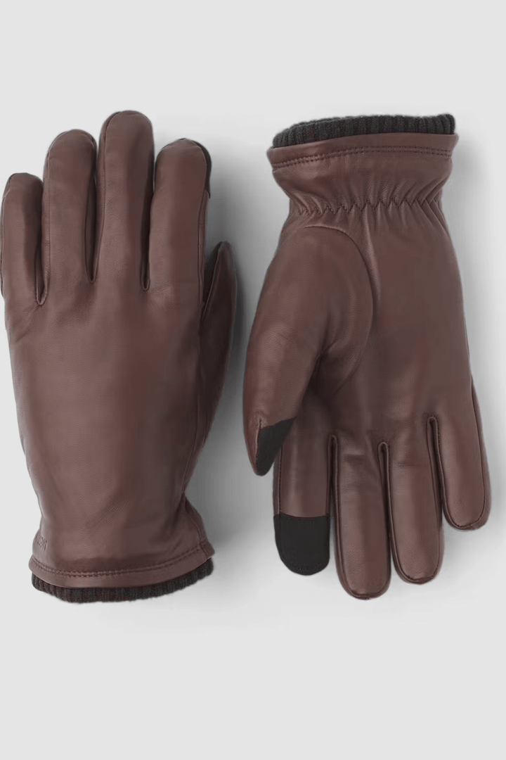 Gants de cuir marron John avec doublure en Primaloft et poignets en laine côtelée, conçus pour l'hiver.