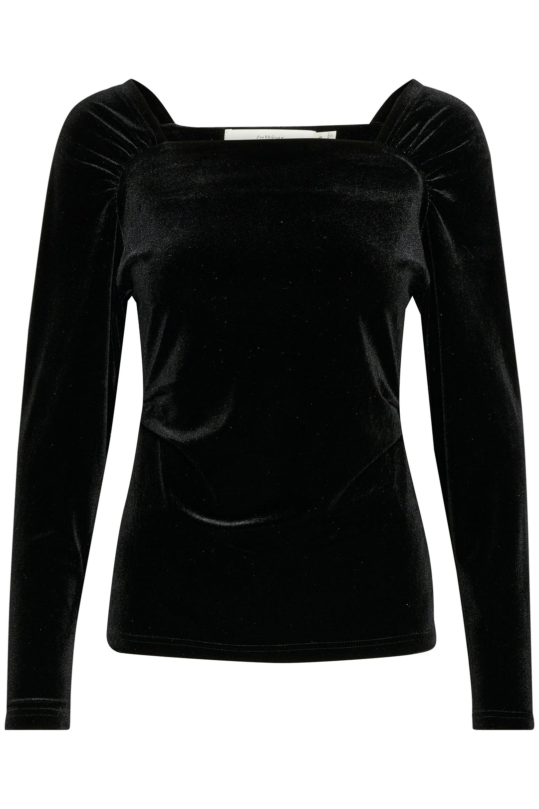 Haut en velours noir avec col carré et épaules froncées, idéal pour des occasions habillées.