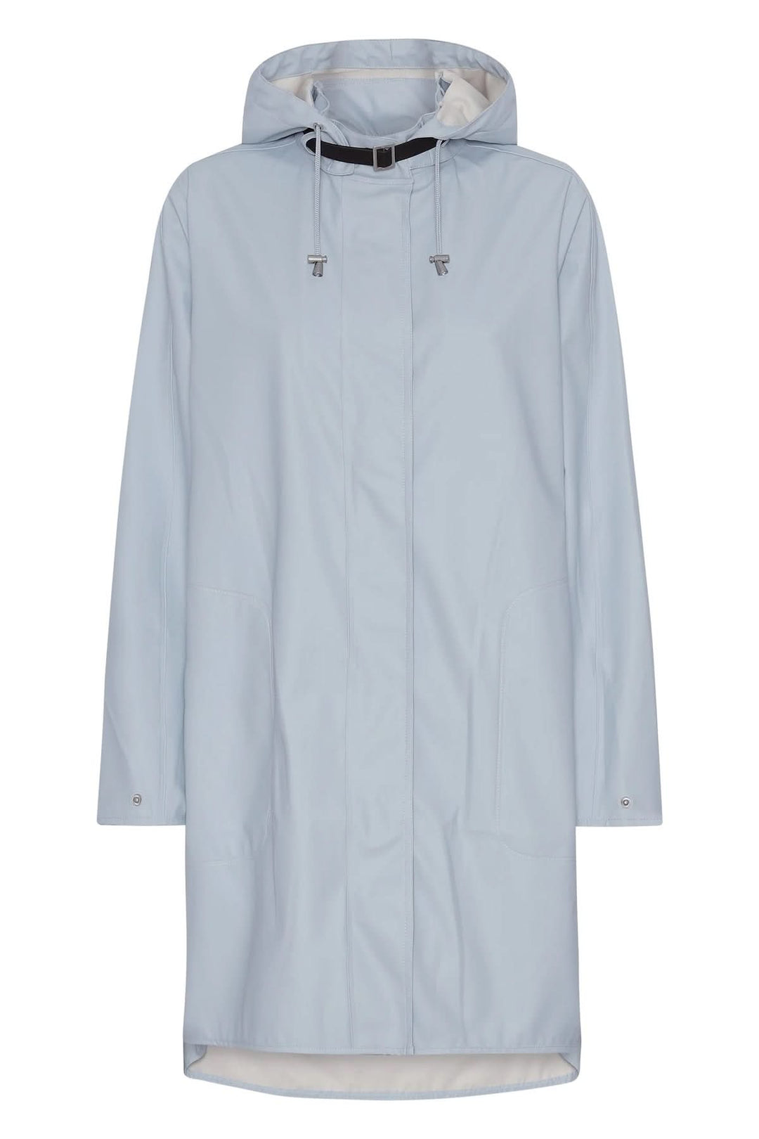 Imperméable léger bleu avec capuche ajustable, idéal pour les intempéries et un style moderne.