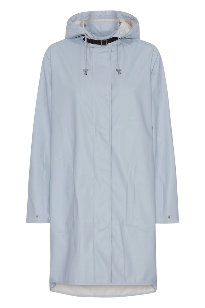 Imperméable léger bleu avec capuche ajustable, idéal pour les intempéries et un style moderne.