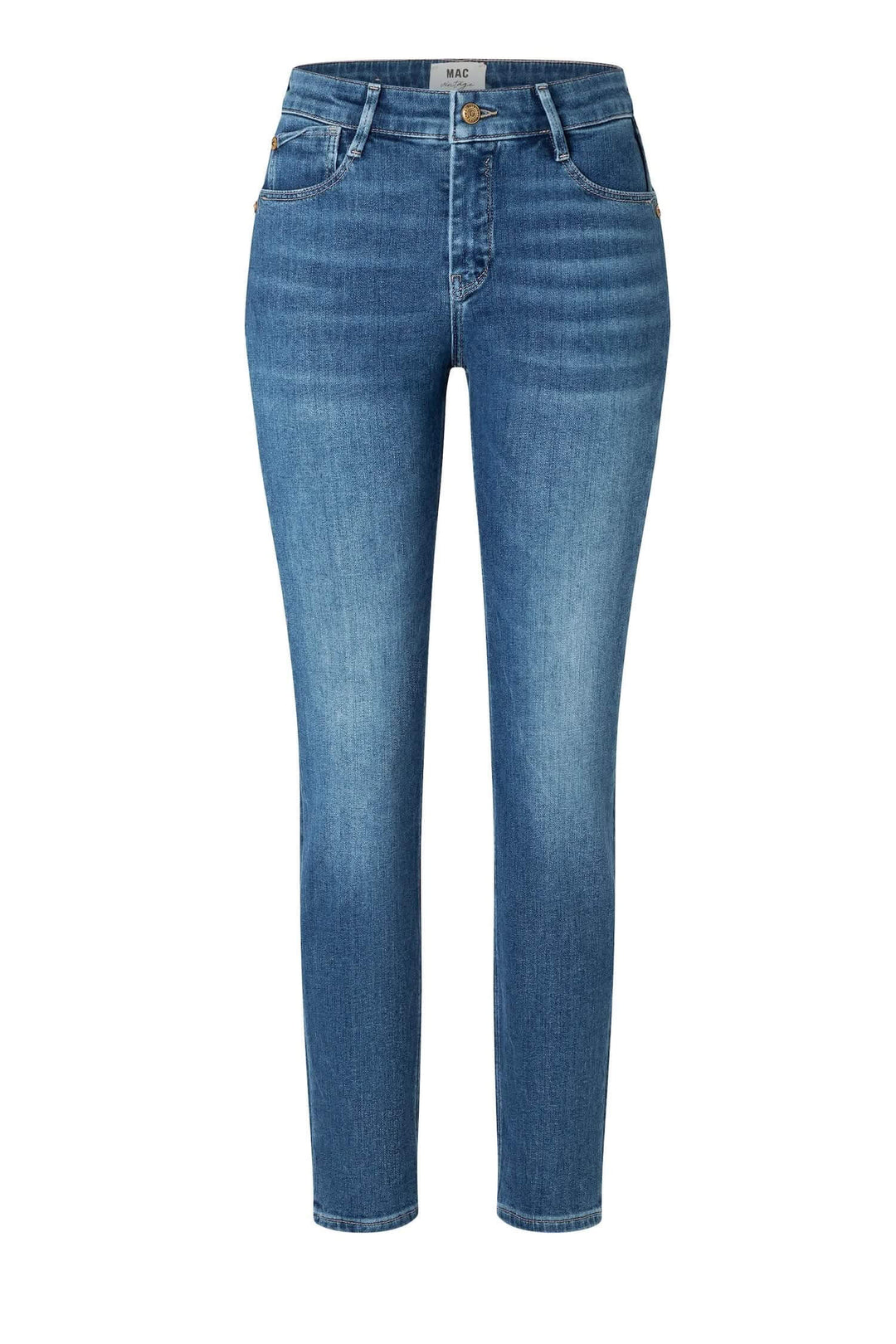 Jean slim taille basse en denim stretch, 5 poches avec pinces courbes pour une silhouette flatteuse et moderne.