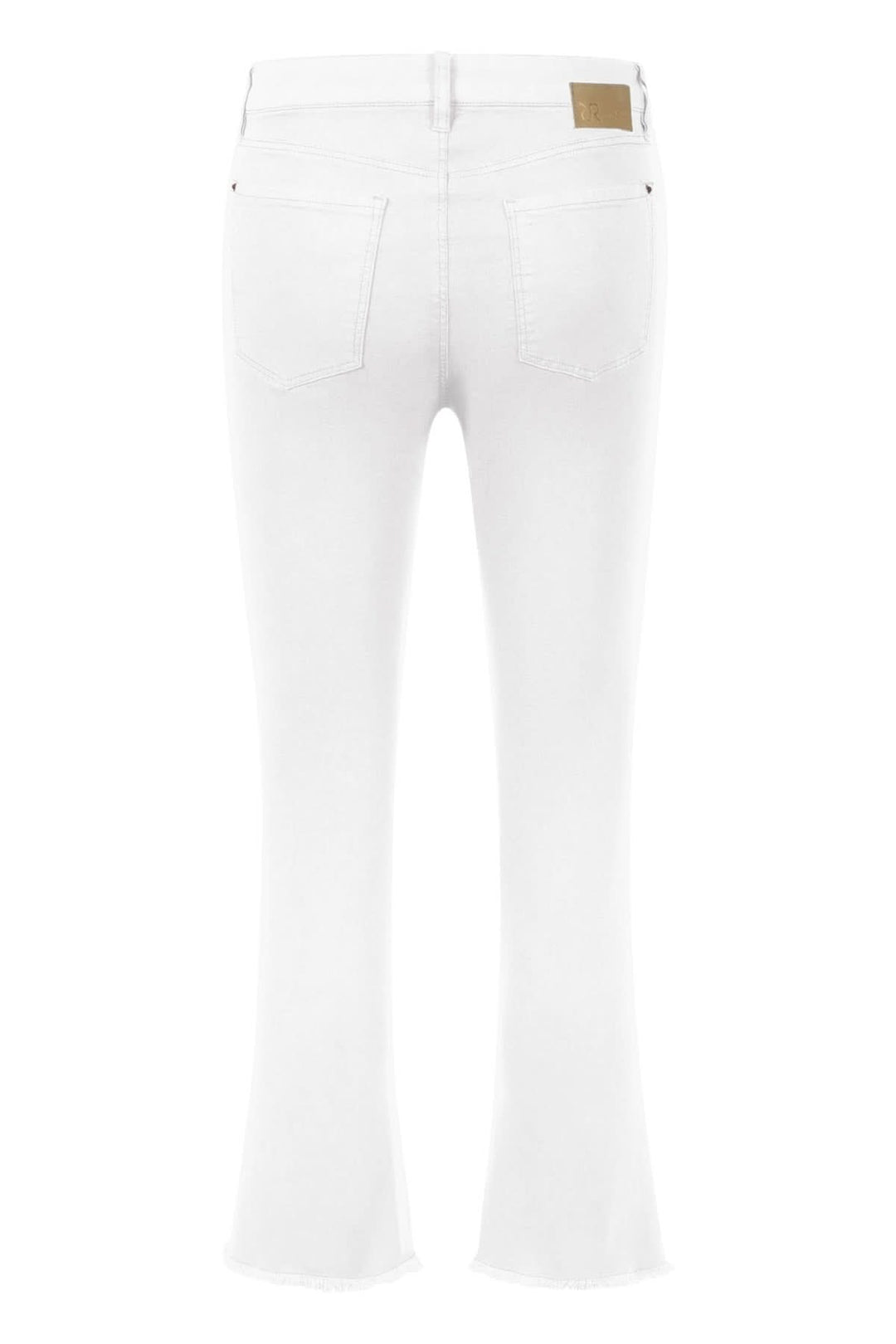 Pantalon en denim blanc extensible avec jambe évasée et finition effilochée, vue arrière.