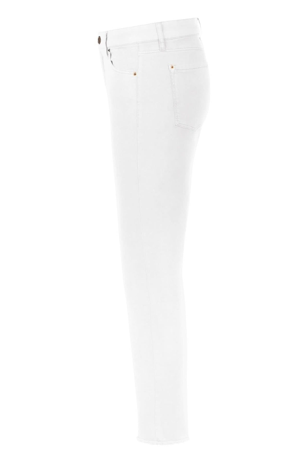 Jean blanc en denim extensible avec coupe slim et jambe légèrement évasée, finition effilochée moderne.