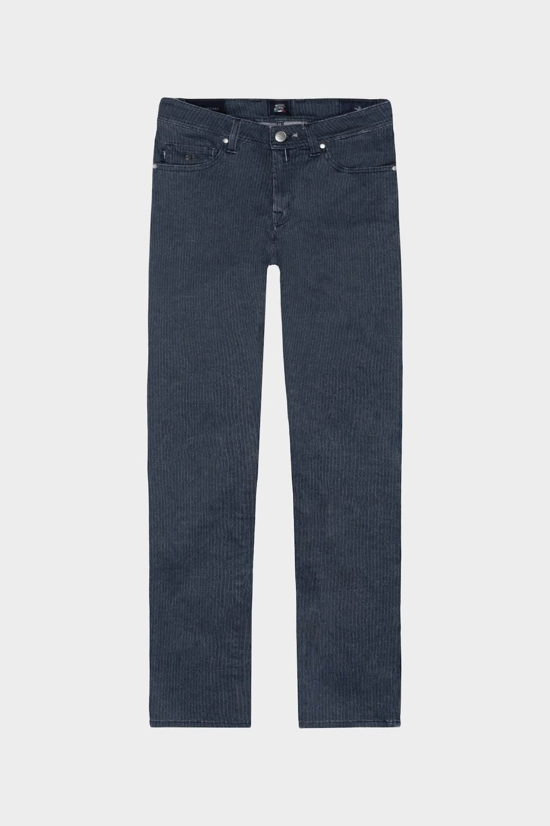 Jean coupe Michelangelo imprimé Hyper en coton et élasthanne, surface lisse, rayures fines, couleur sombre.