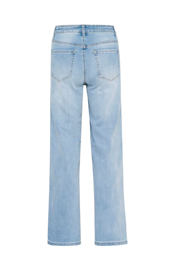 Jean à coupe large en denim bleu clair, vue arrière, avec grandes poches et taille haute pour un style moderne.