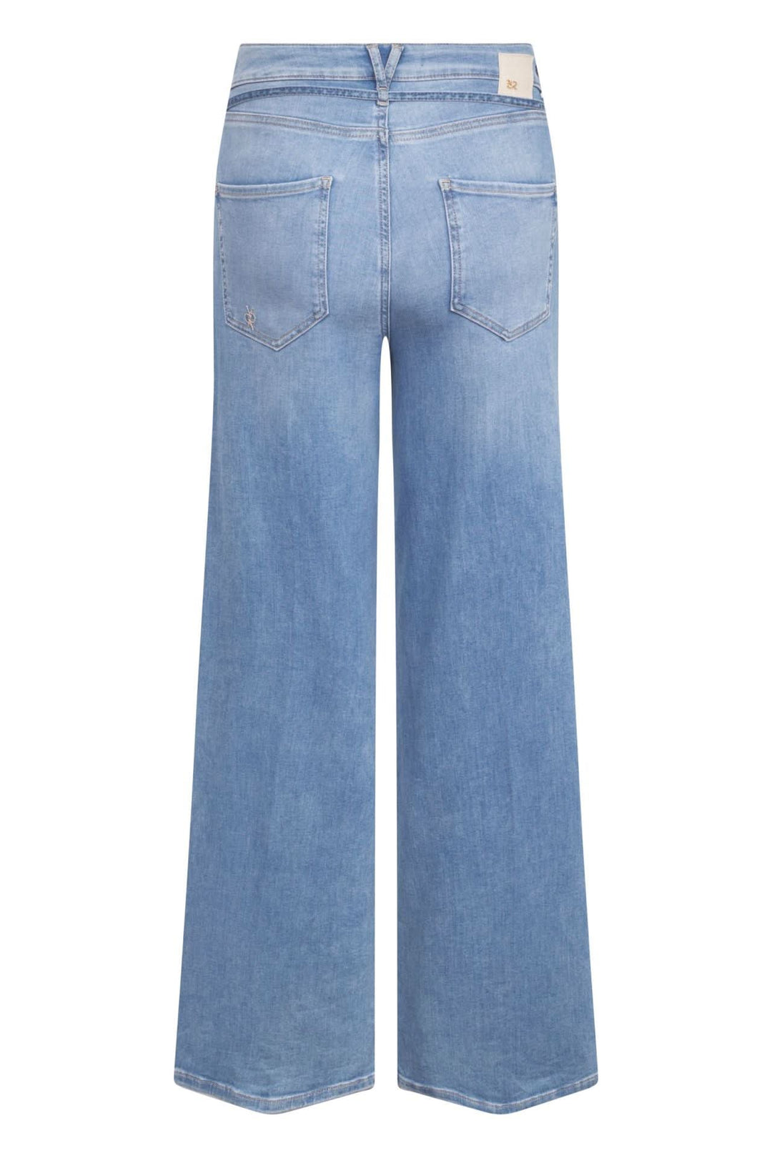 Jean à jambe large avec ceinture intégrée, denim souple, vue arrière, poches et passants visibles.
