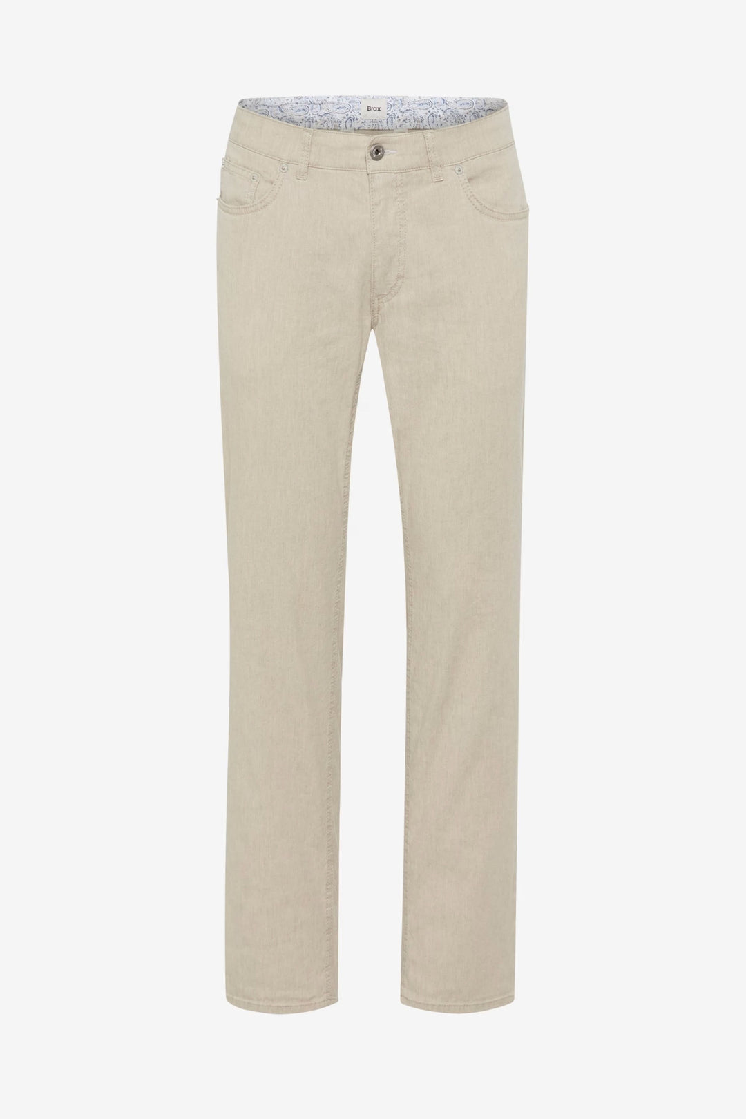 Jean décontracté beige en lin, coupe droite, léger et confortable, idéal pour un style estival casual.