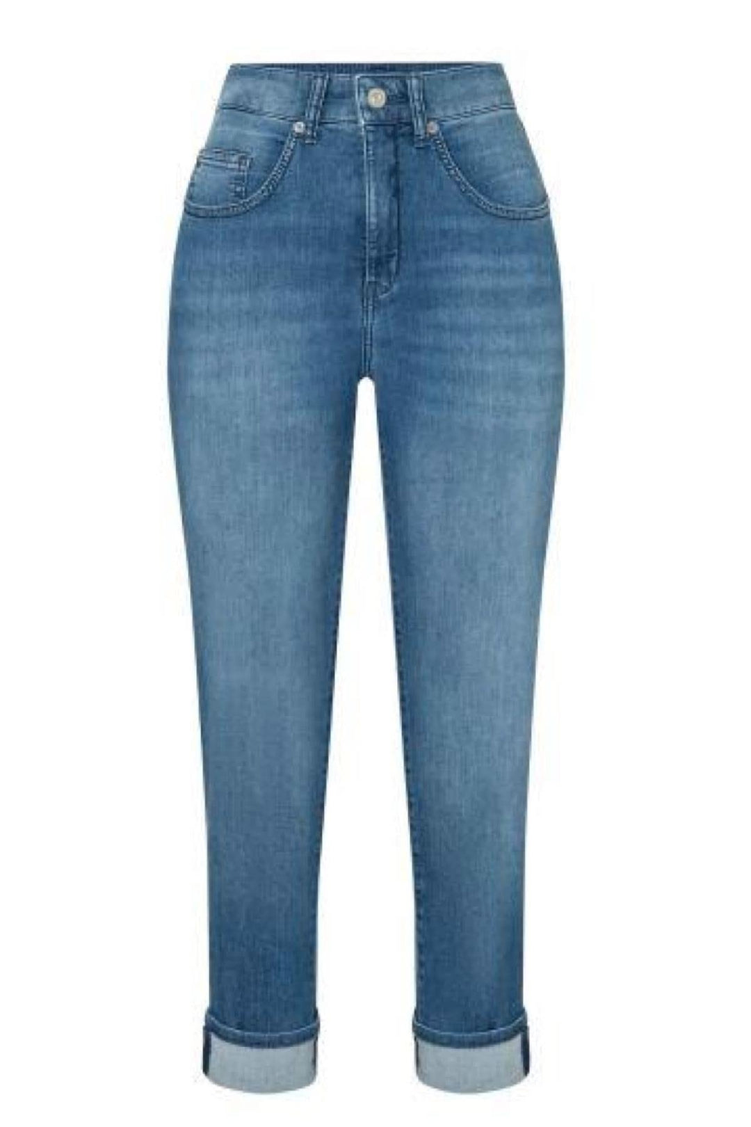 Jeans Carol en denim léger avec revers, silhouette féminine et jambe droite, style classique et contemporain.