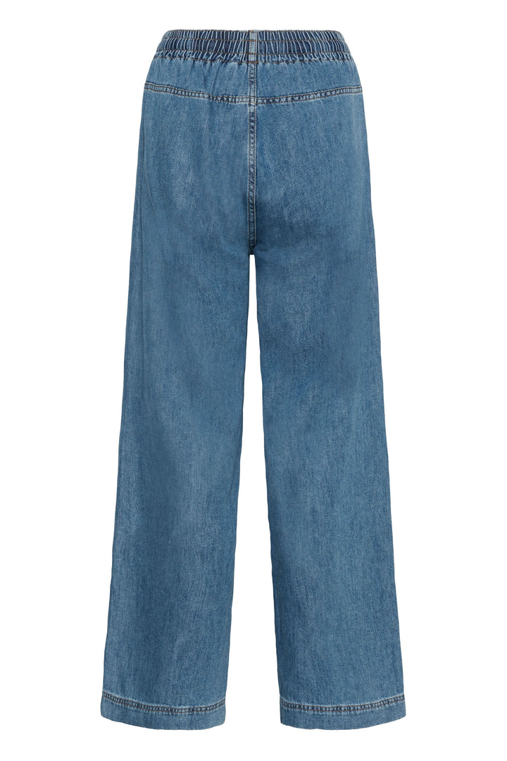 Jeans Sophina taille élastique jambe large en denim souple avec poches latérales et longueur pleine, vue arrière.