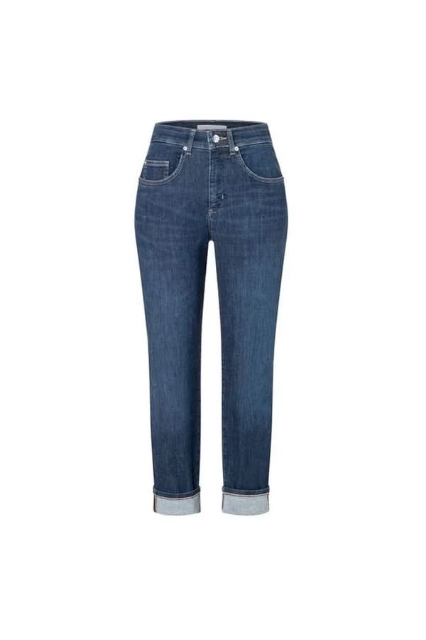 Jeans coupe droite à revers en denim extensible avec taille mi-haute et revers moderne. Décris moi le produit en français.