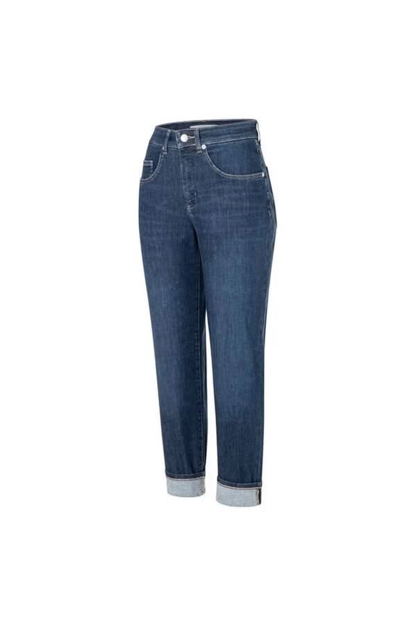 Jeans coupe droite à revers en denim confortable avec taille mi-haute, ajoutant une touche moderne et décontractée.