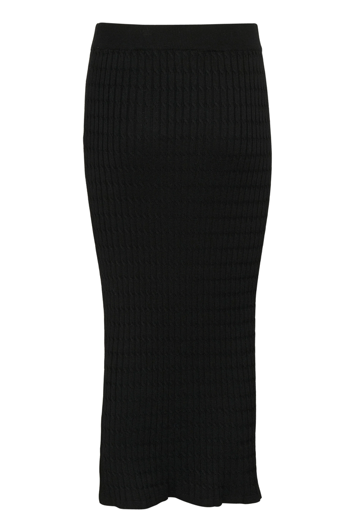 Jupe longue noire avec texture côtelée et fente sur le côté, élégante et confortable pour toutes occasions.