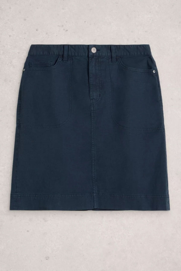 Jupe Tia, jupe droite à taille haute en tissu souple, couleur bleue foncée, idéale pour un look urbain chic.