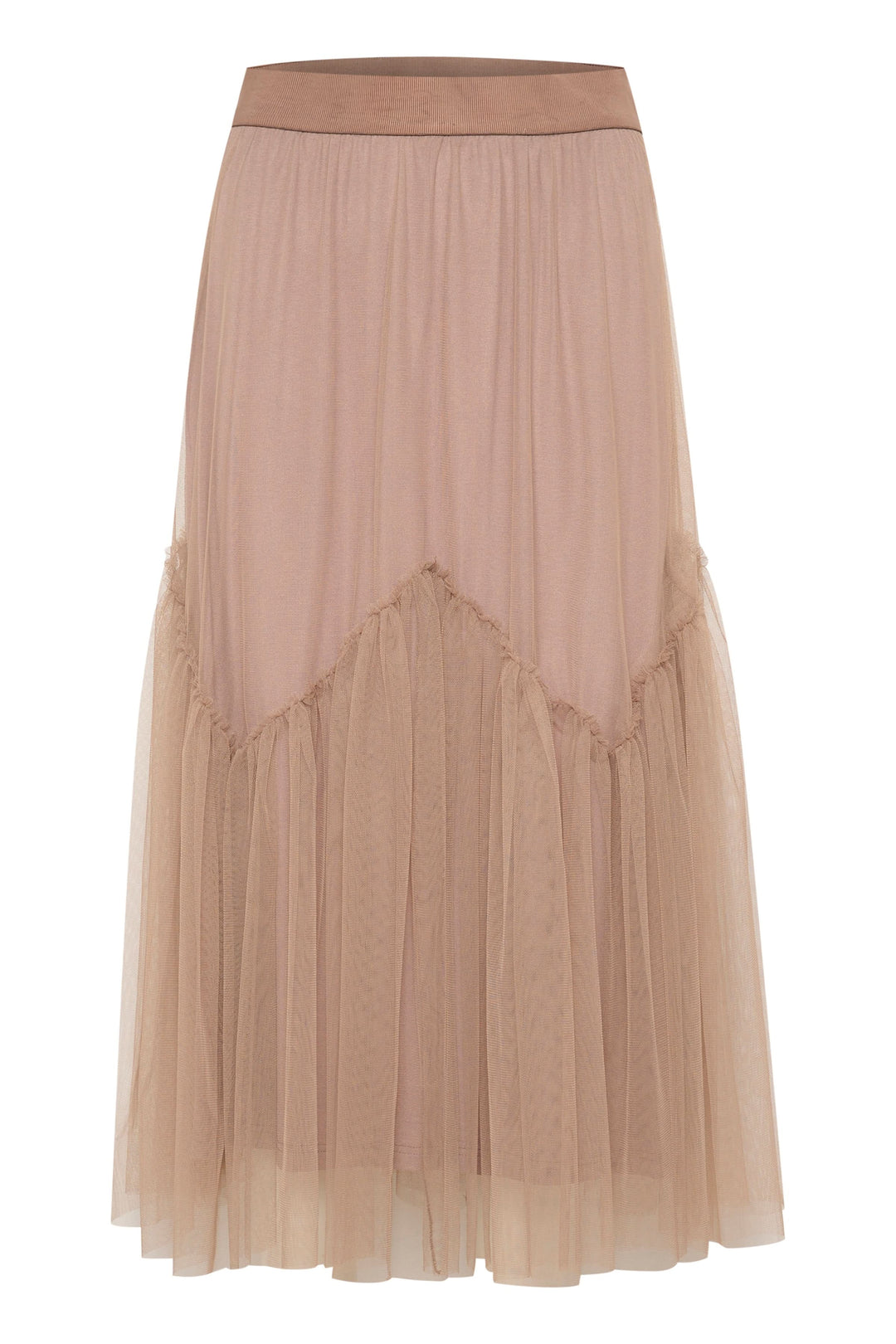 Jupe midi en tulle vaporeux avec ceinture élastique et détail froncé en forme de V, couleur nude.