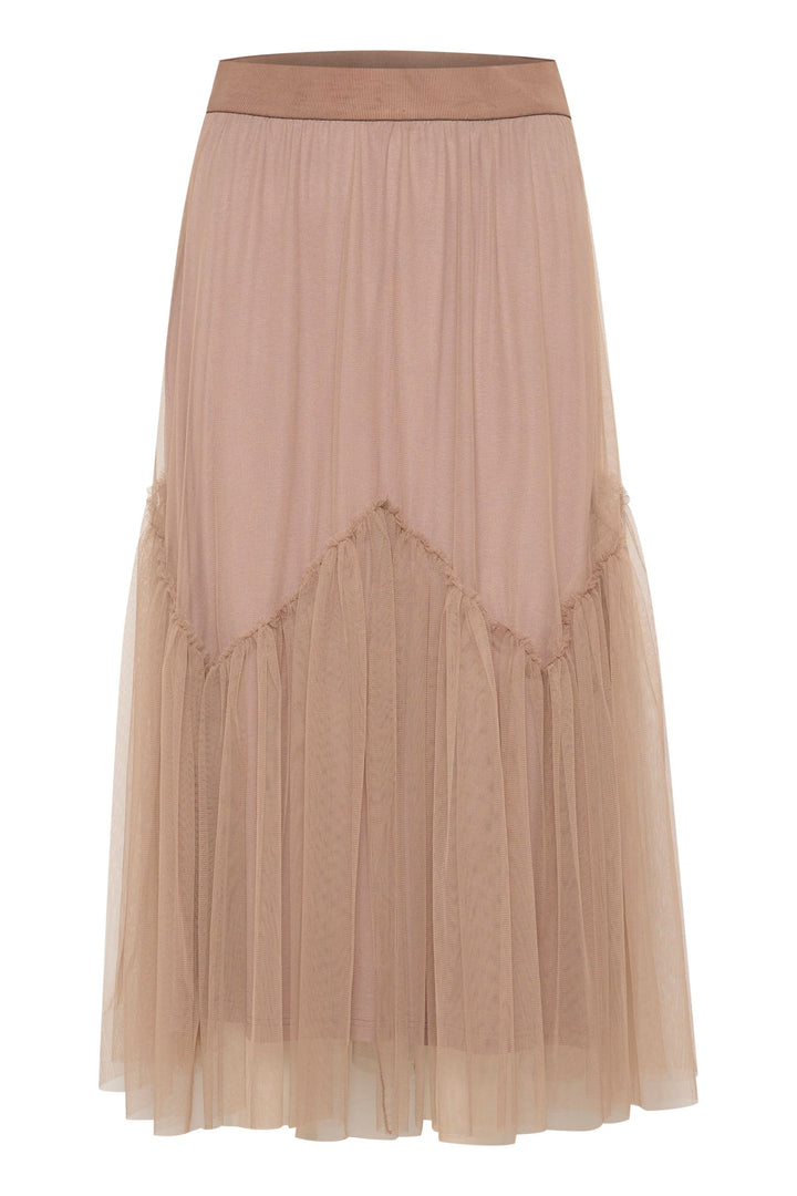 Jupe midi en tulle vaporeux avec ceinture élastique et détail froncé en forme de V, couleur nude.