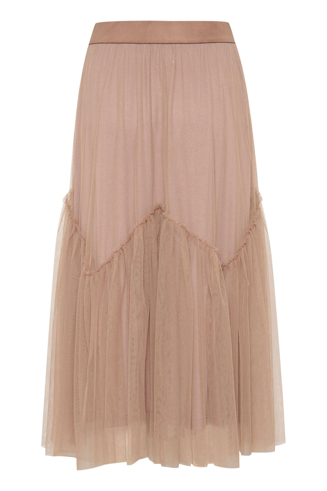 Jupe midi en tulle vaporeux avec ceinture élastique et détail froncé en forme de V, couleur nude.