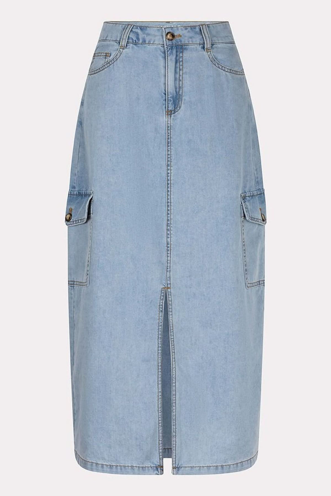 Jupe cargo en denim midi avec poches latérales et fente avant, idéale pour un look urbain.
