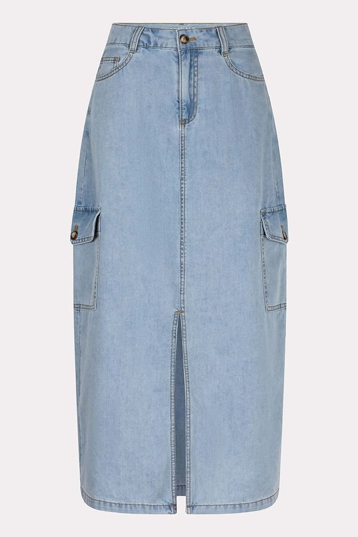 Jupe cargo en denim midi avec poches latérales et fente avant, idéale pour un look urbain.