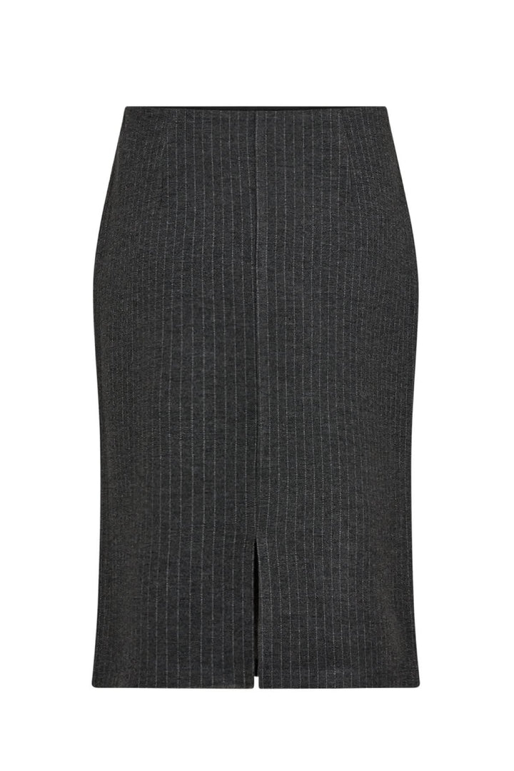 Jupe crayon en viscose recyclée, taille haute, rayures fines, longueur genoux, fente arrière pour un look professionnel.