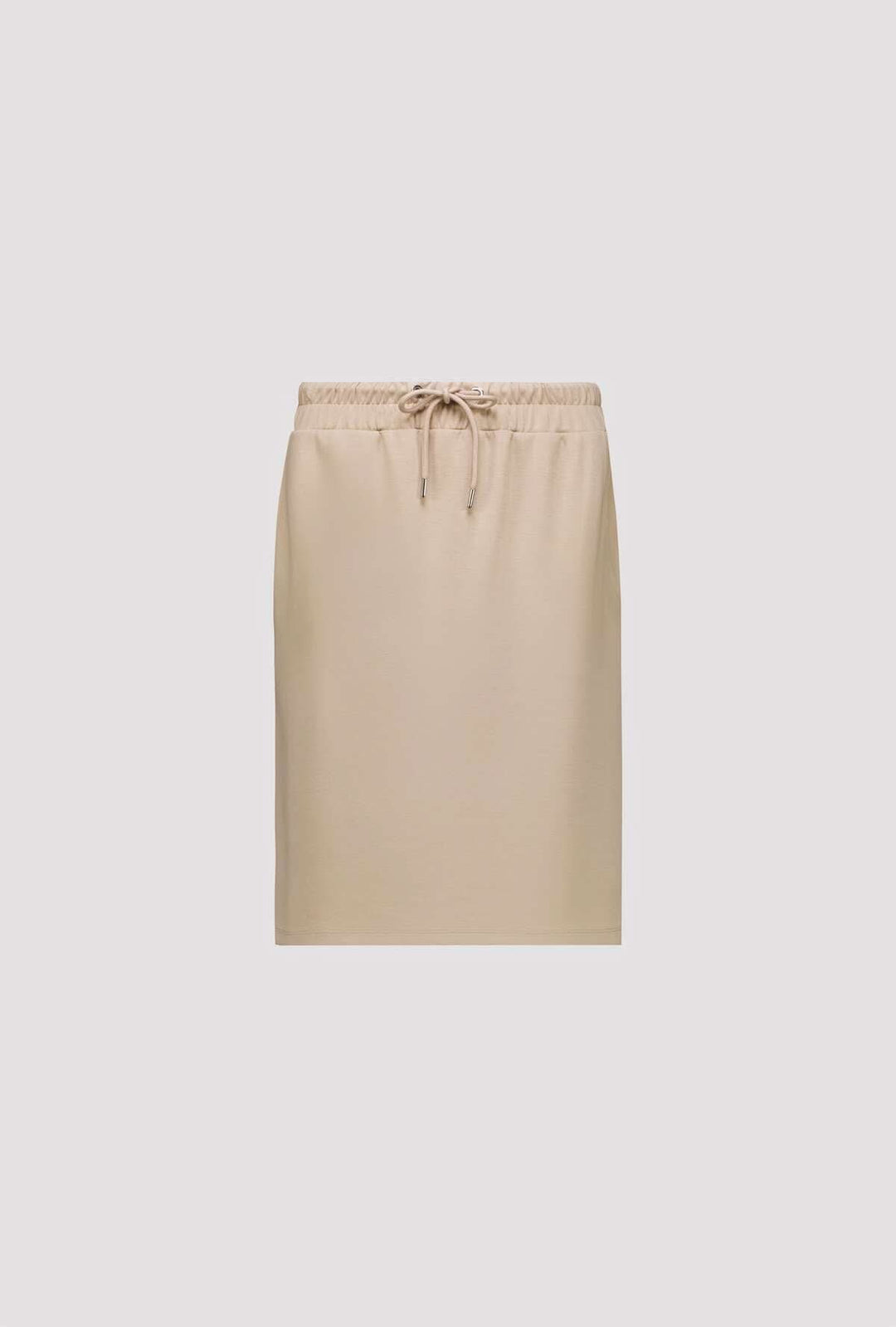 Jupe droite à taille élastique beige avec cordon ajustable, coupe contemporaine et épurée pour un look polyvalent et confortable.