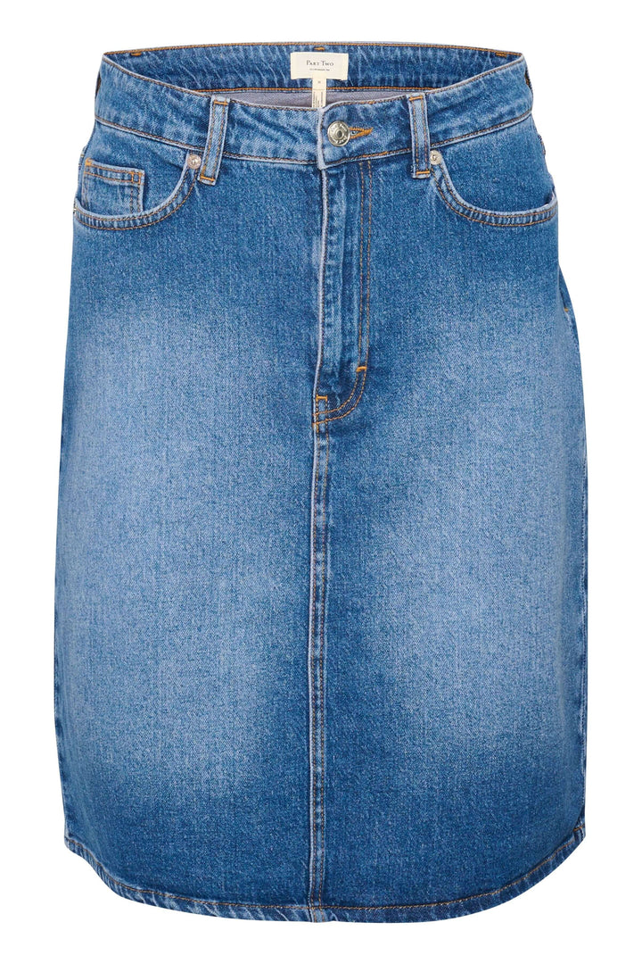 Jupe en denim Leja, classique et flatteuse, avec taille mi-haute et cinq poches pratiques.