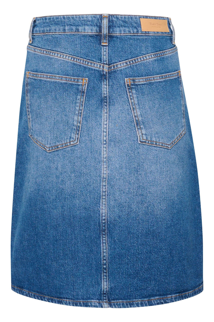 Jupe en denim Leja avec une taille mi-haute et cinq poches, vue arrière, un essentiel pour toute garde-robe.