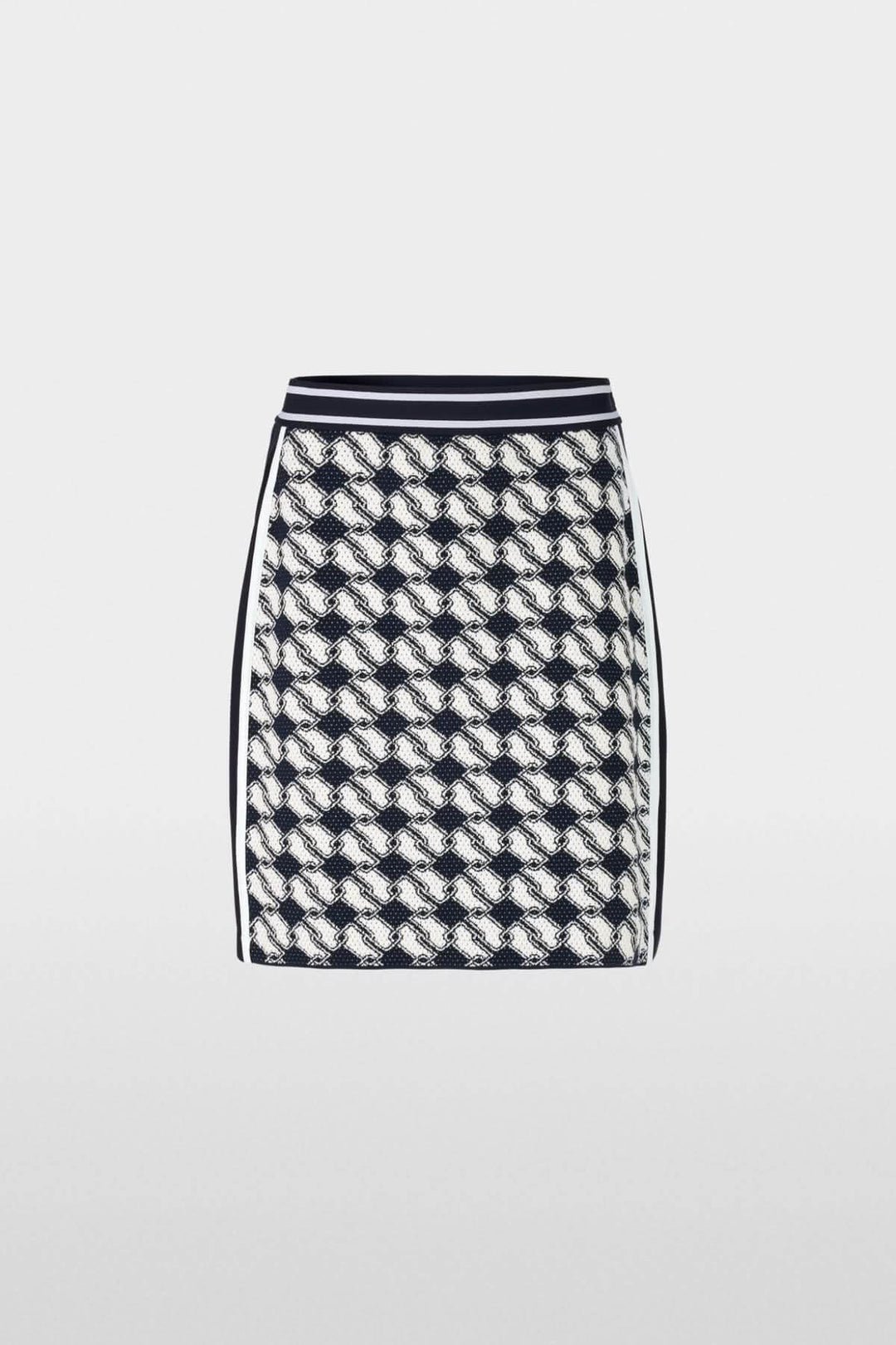 Jupe en maille avec motif cubique audacieux, taille élastique, tricotée en Allemagne pour un look graphique.