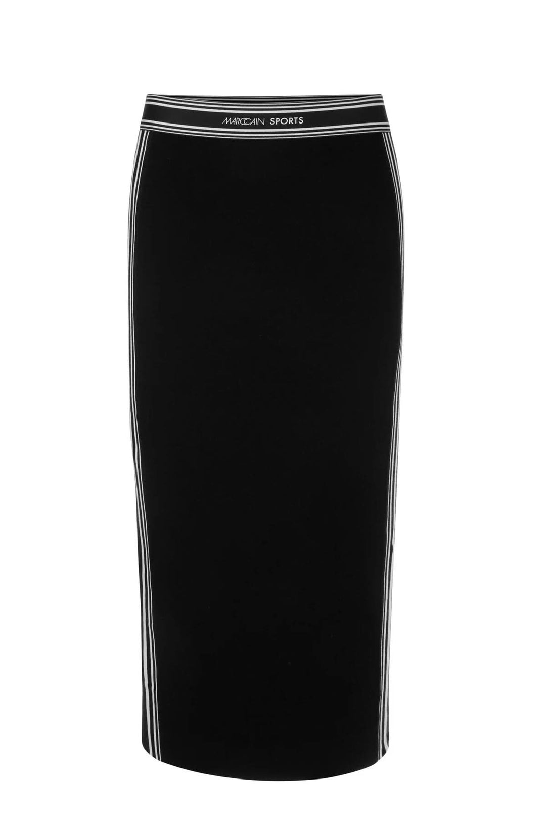 Jupe mi-longue noire avec fente latérale et ceinture élastique, fabriquée en Allemagne.