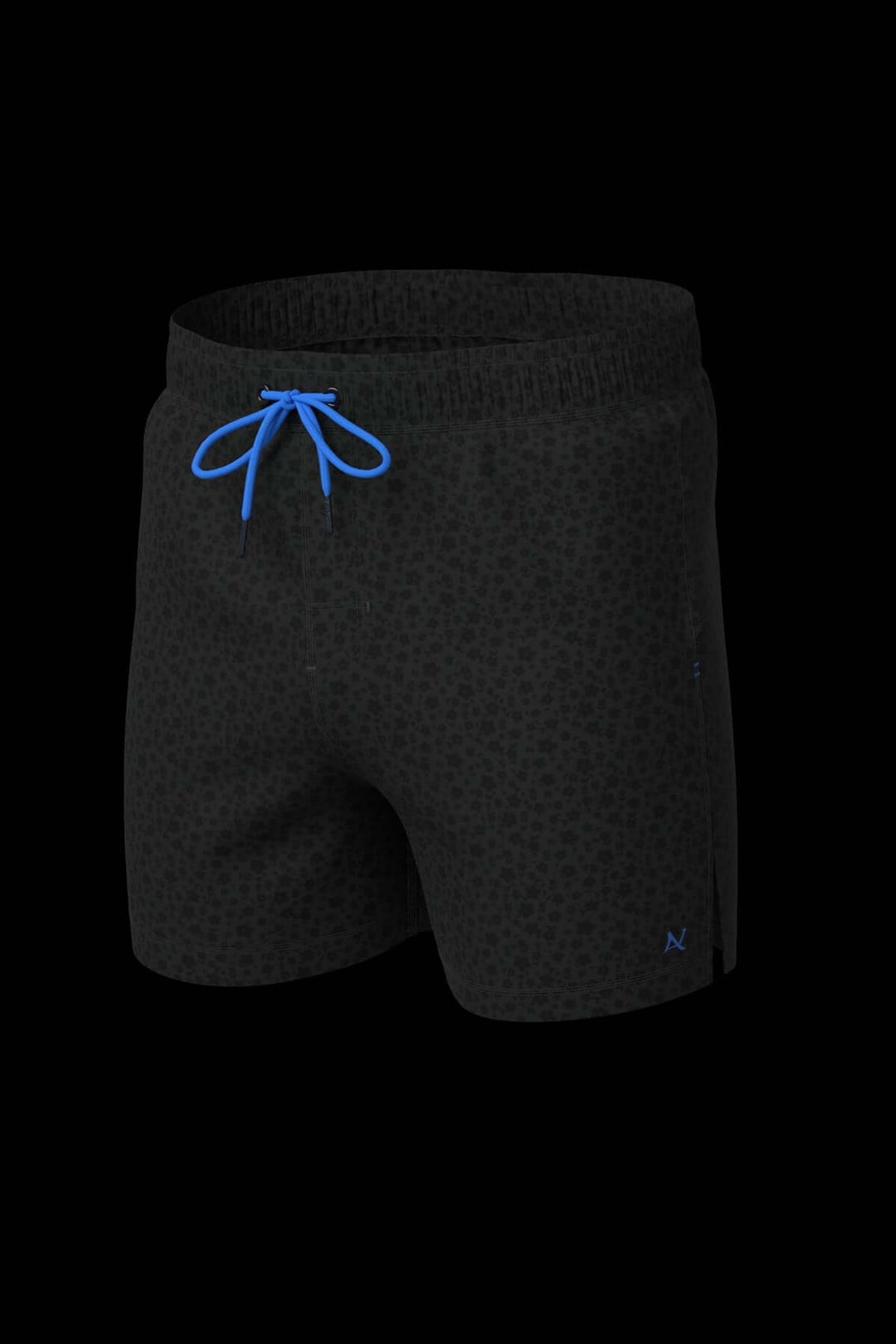 Maillot de bain Ross, coupe ajustée noire avec cordon de serrage bleu, motif graphique, idéal pour plage et piscine.