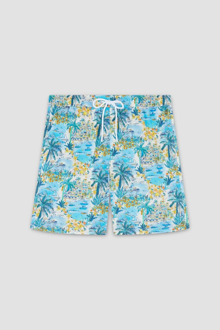 Short de bain tropical bleu et jaune avec motifs de palmiers, idéal pour les journées estival.