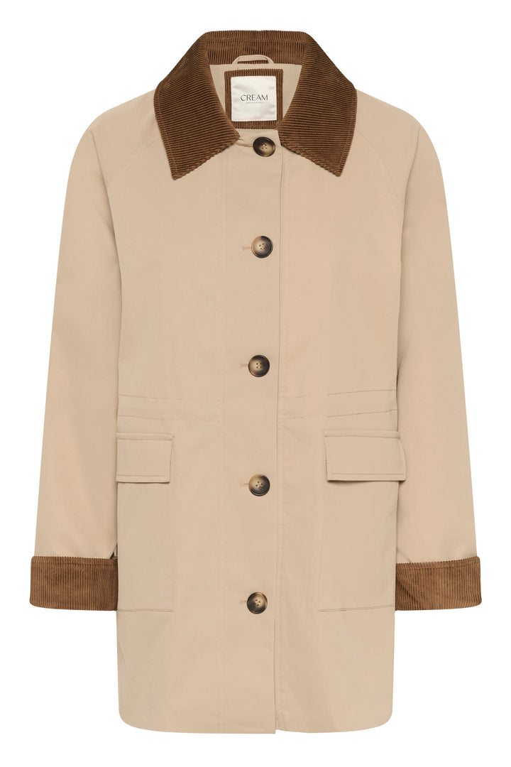 Manteau Jaxy avec col et manches en velours côtelé, coupe droite, grandes poches et boutons apparents, idéal pour mi-saison.