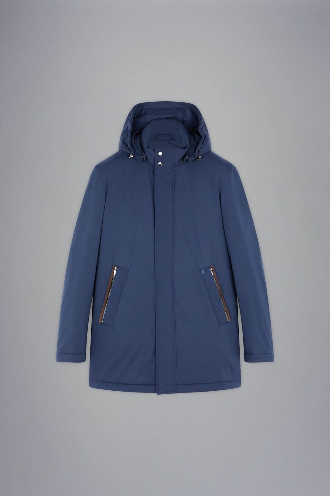 Manteau d'hiver Primaloft bleu marine avec capuche, poches zippées et protection contre le vent.