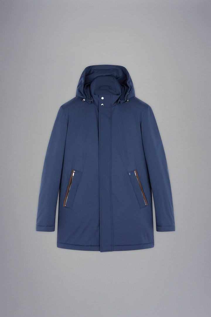 Manteau d'hiver Primaloft bleu marine avec capuche, poches zippées et protection contre le vent.