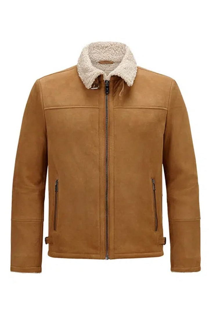 Manteau en cuir robuste en daim de chèvre avec col en fausse fourrure et fermetures éclair.