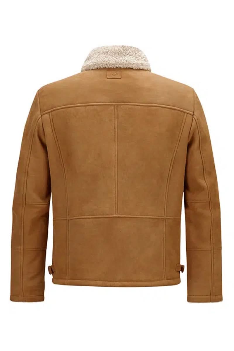 Manteau en cuir robuste en daim de chèvre avec col en fausse fourrure, vue arrière.