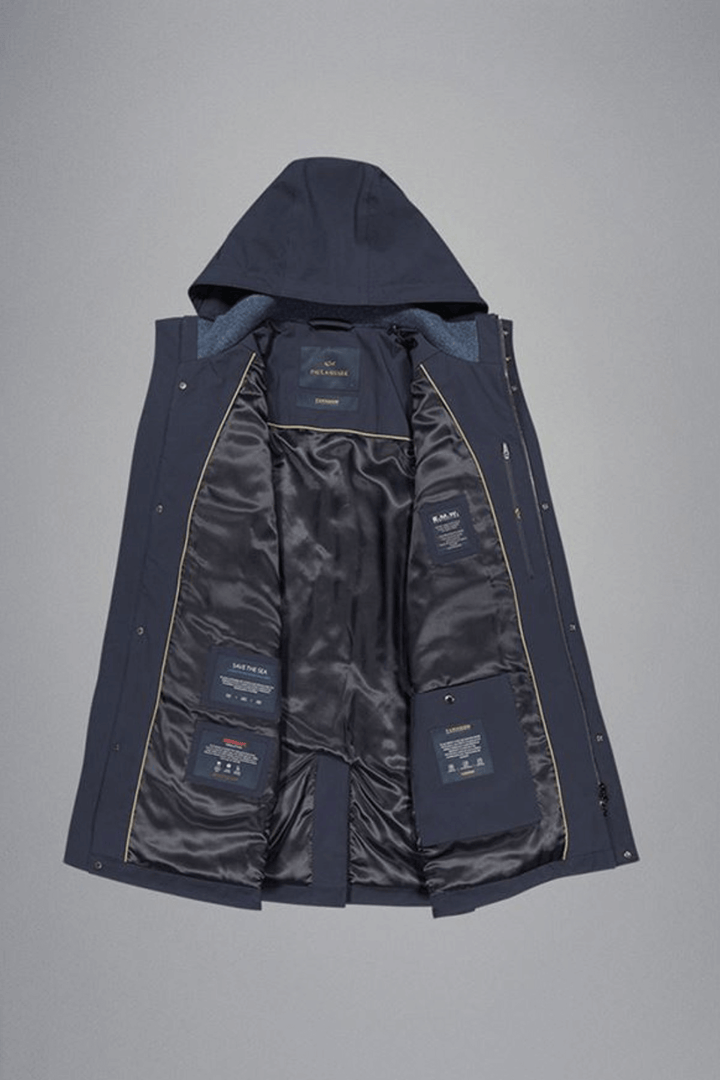 Manteau imperméable Typhoon® RE-4x4 Stretch à capuchon amovible, intérieur détaillé, pour confort et mobilité par temps humide.