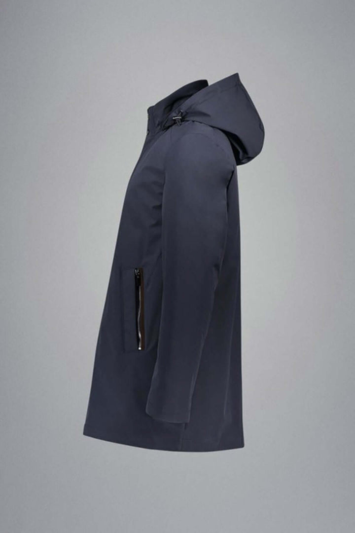 Manteau imperméable Typhoon® RE-4x4 Stretch à capuchon amovible, vue latérale, couleur marine, design élégant pour homme actif.