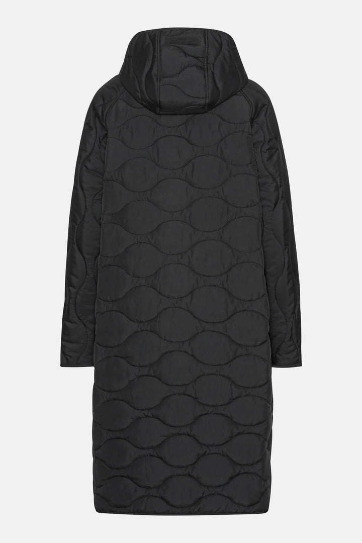 Manteau matelassé long à capuchon, coupe droite avec motifs ondulés, vue arrière, noir, protection contre le froid.