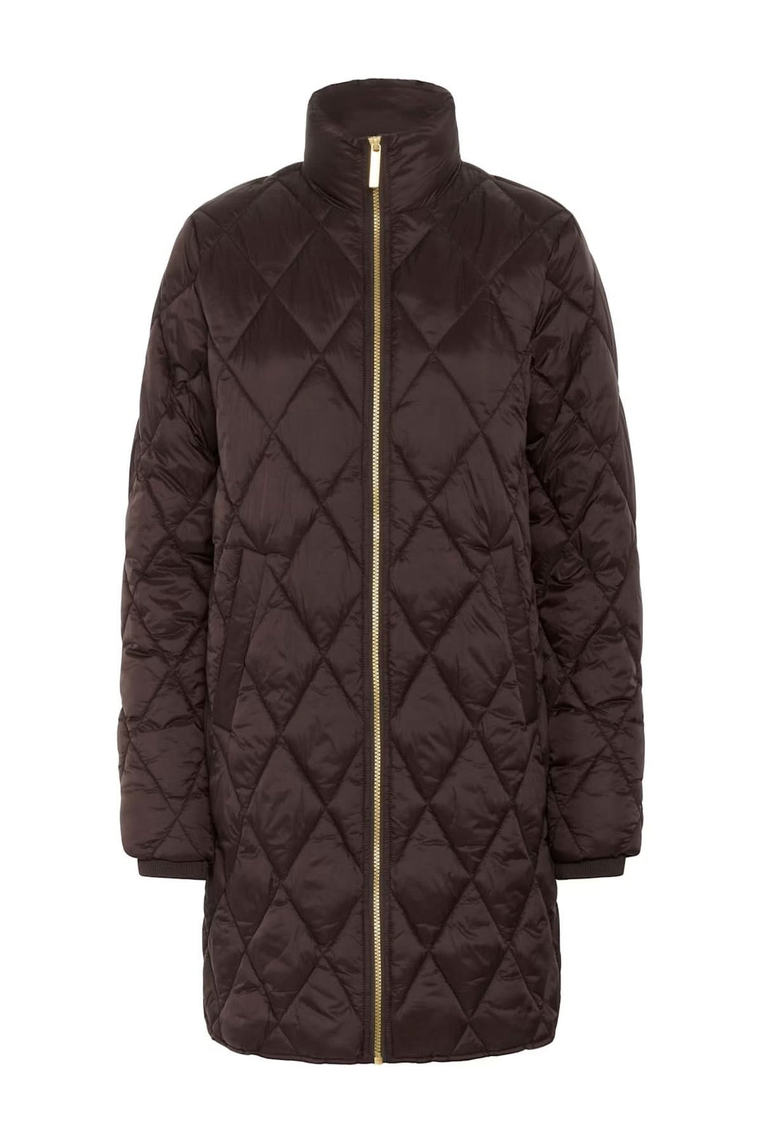 Manteau matelassé à losanges avec fermeture zippée dorée, coupe longue et droite, idéal pour la mi-saison.