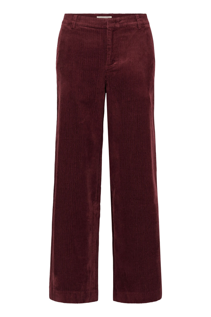 Pantalon Clarissi en velours côtelé, coupe large et élégante, taille haute, couleur bordeaux.
