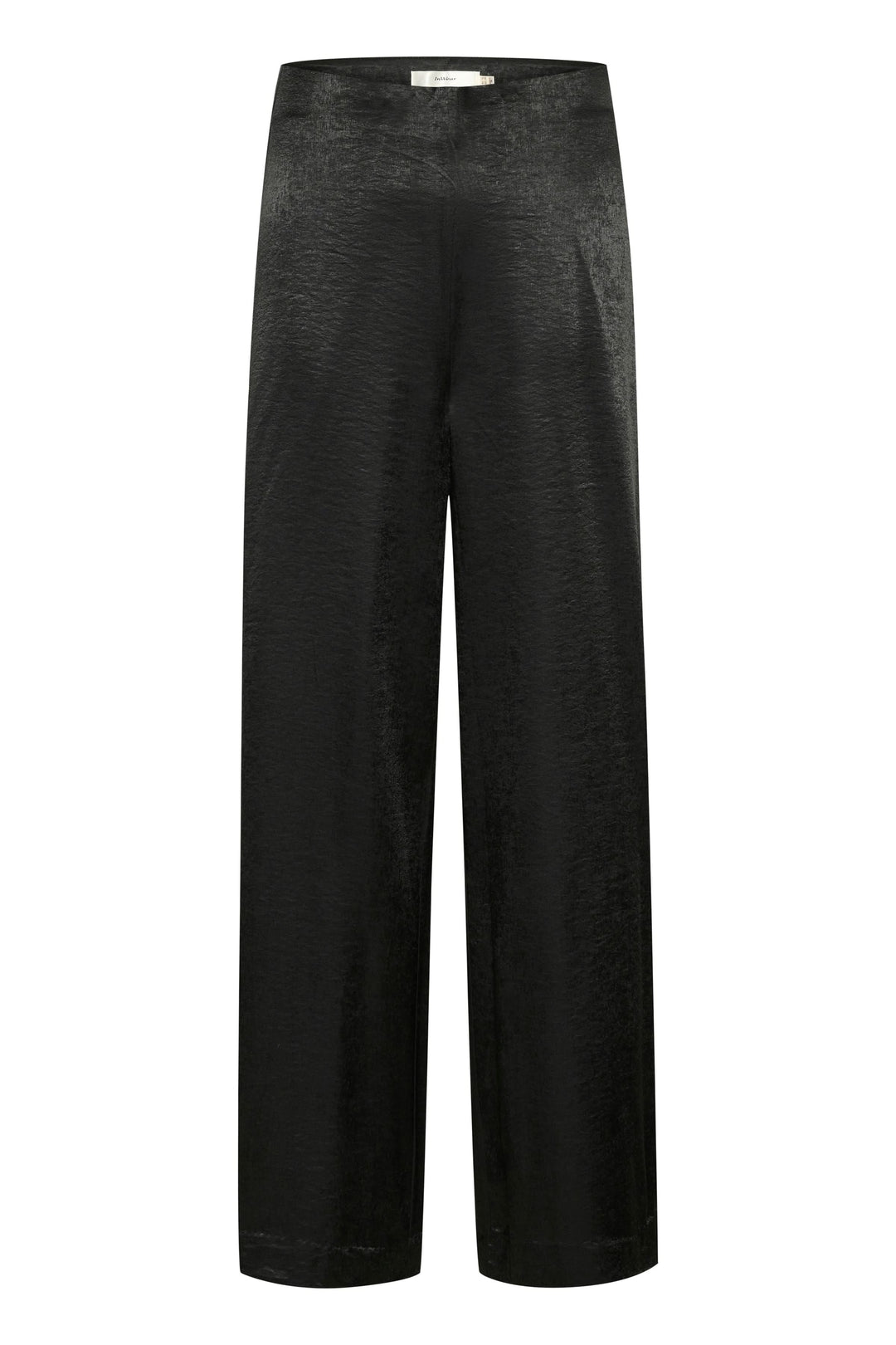 Pantalon Didra en tissu satiné noir, coupe droite, taille haute et design chic et minimaliste.