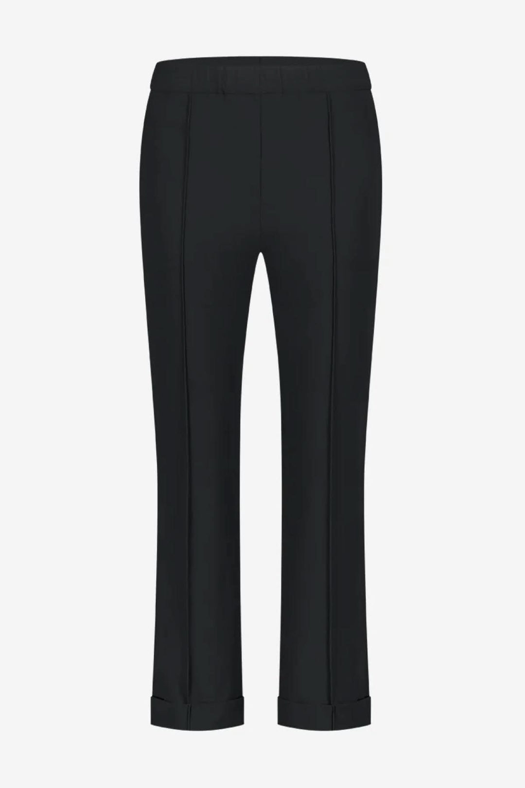 Pantalon Irena noir à revers, coupe droite et jambe pleine longueur, élégant et confortable.