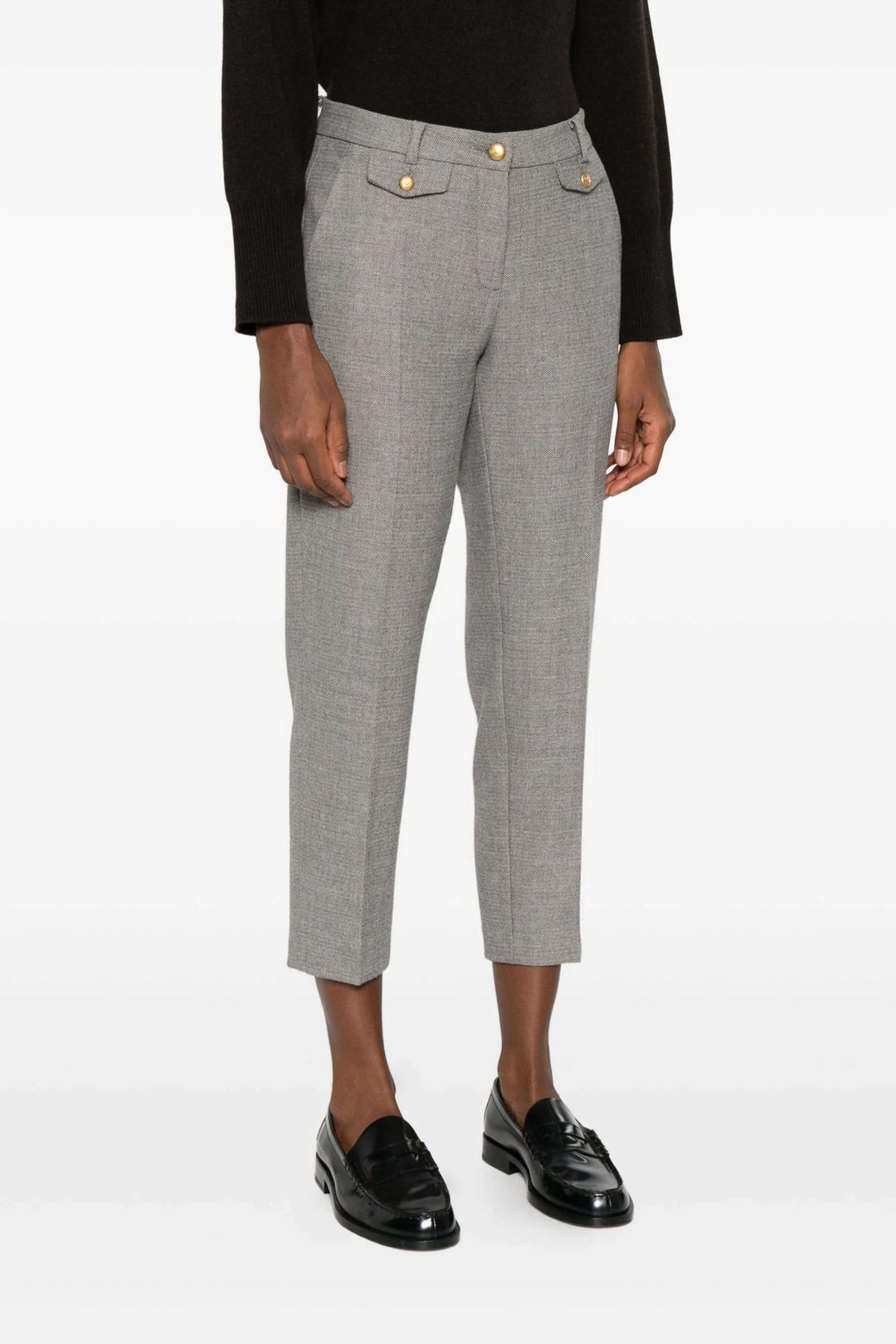 Pantalon Krystal habillé à taille mi-haute élégant et ajusté avec poches à rabat, idéal pour le bureau ou occasions formelles.