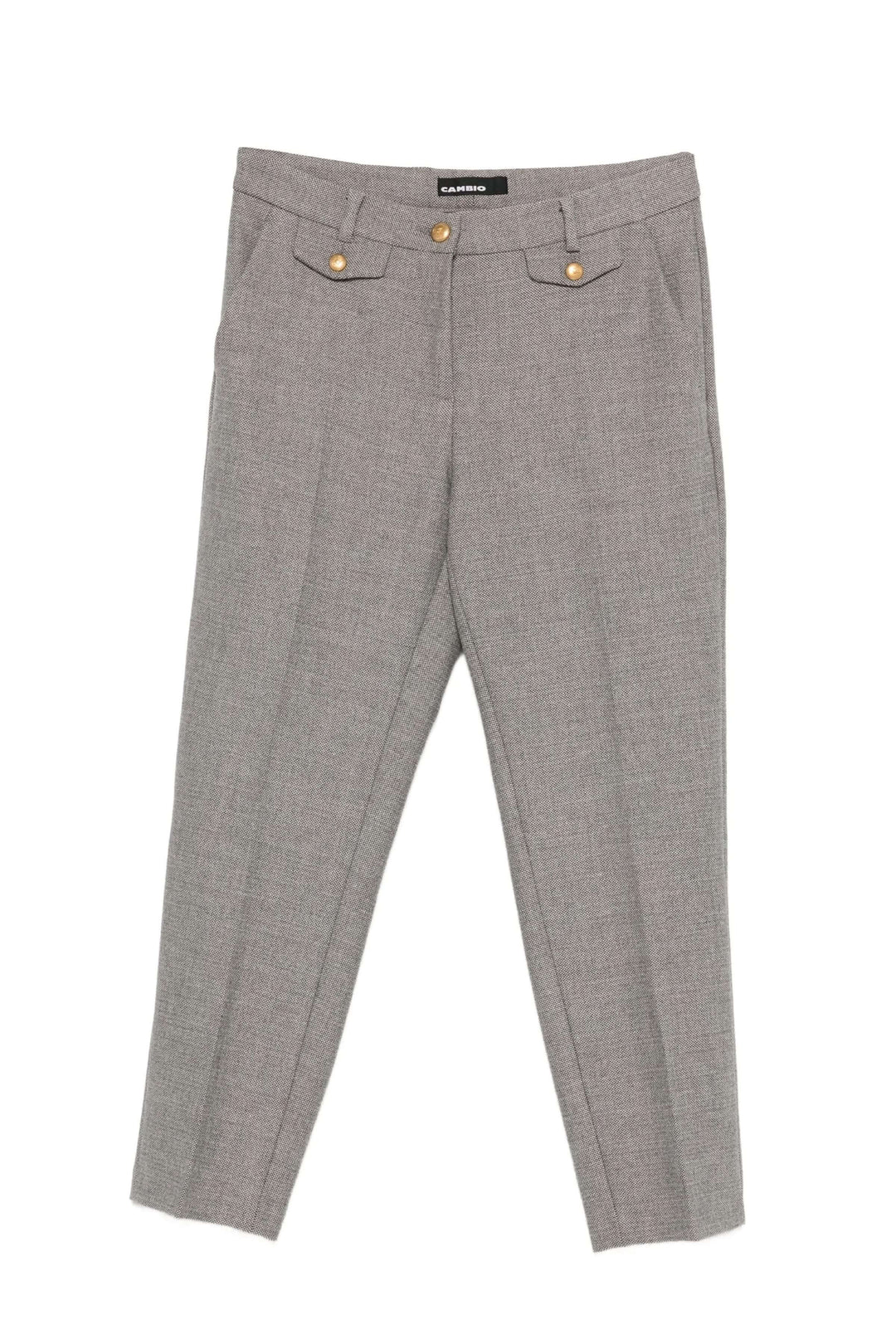 Pantalon Krystal habillé à taille mi-haute avec poches à rabat et bouton doré sur fond blanc, élégance moderne et confort.