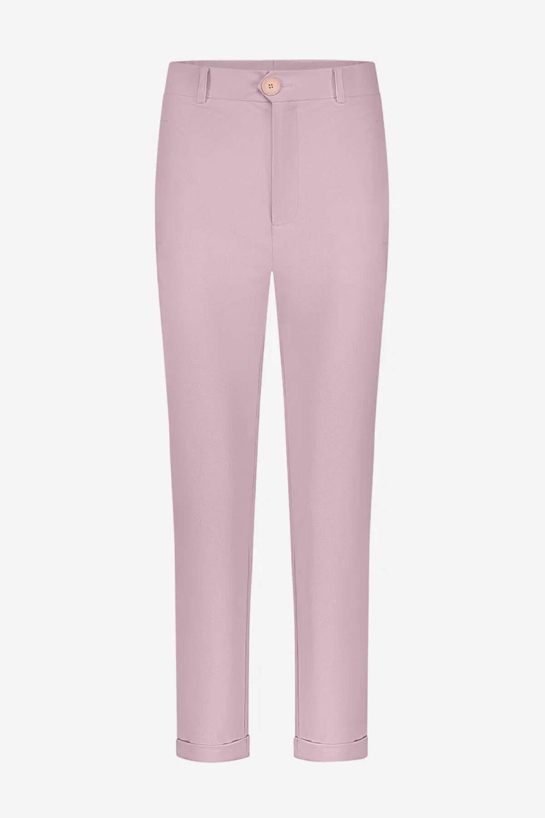 Pantalon Lena rose pâle, coupe 7/8e, taille haute, jambe fuselée, confortable et moderne.
