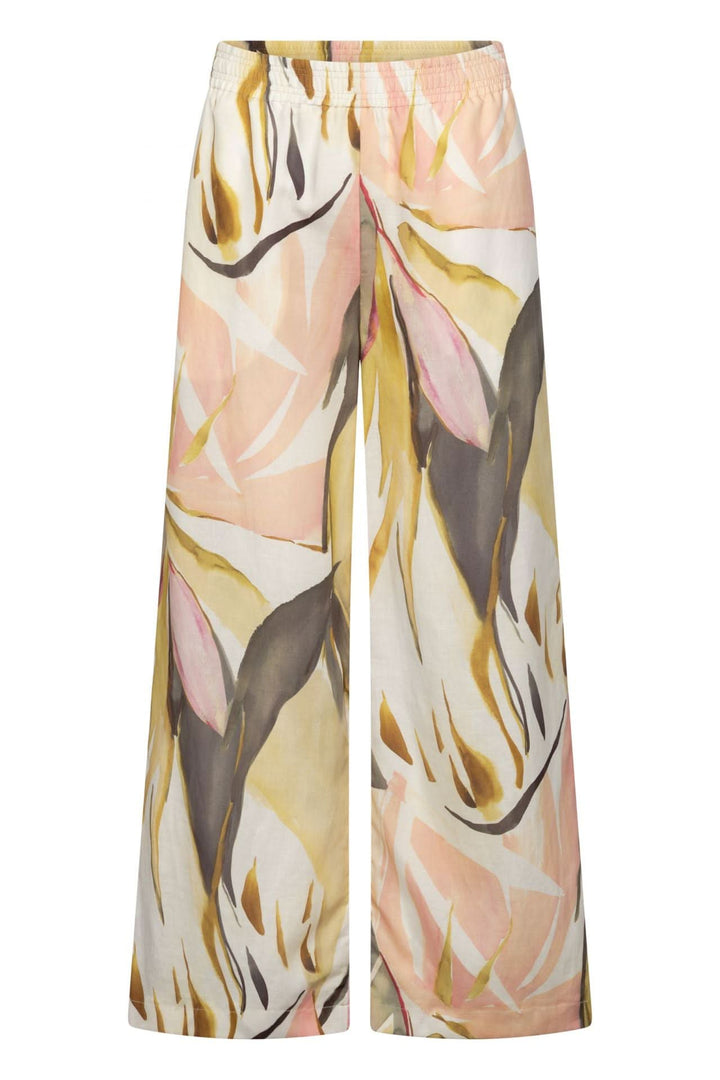 Pantalon Lizett fluide imprimé à taille élastique avec imprimé artistique, coupe ample et tissu léger idéal pour un style chic décontracté.