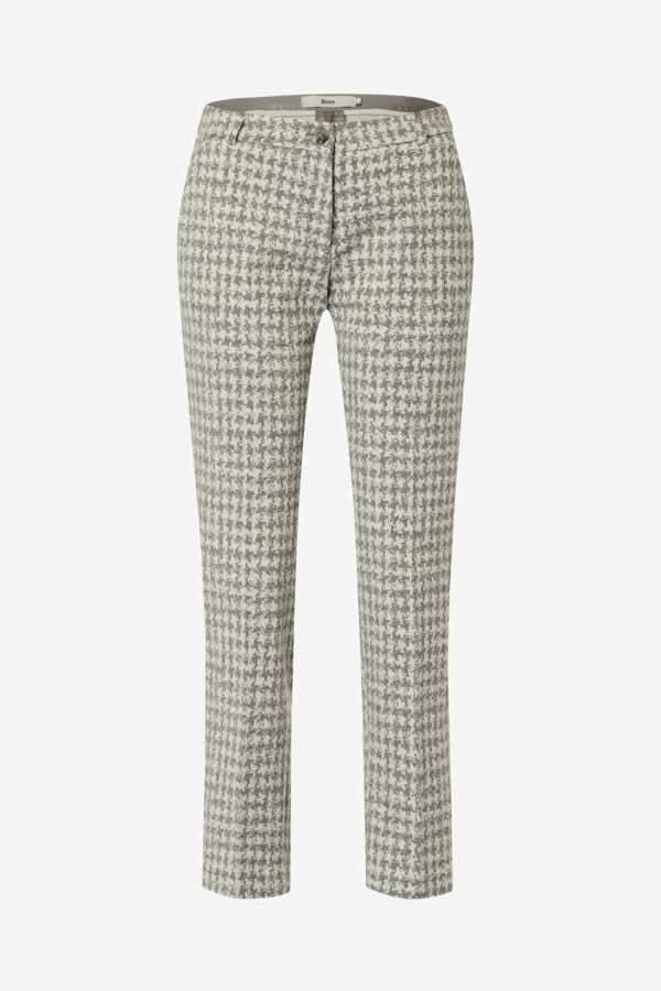 Pantalon Marron à motif pied-de-poule élégant et moderne avec taille mi-haute. Idéal pour un look professionnel ou chic décontracté. Tissu extensible.