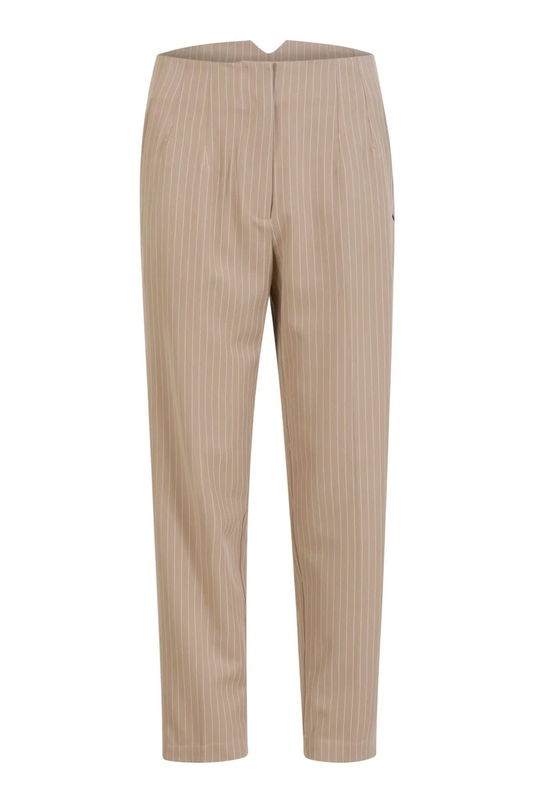 Pantalon Stella beige à rayures avec fermeture éclair, style épuré et coupe confortable.