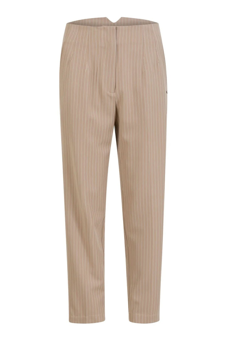 Pantalon Stella beige à rayures avec fermeture éclair, style épuré et coupe confortable.